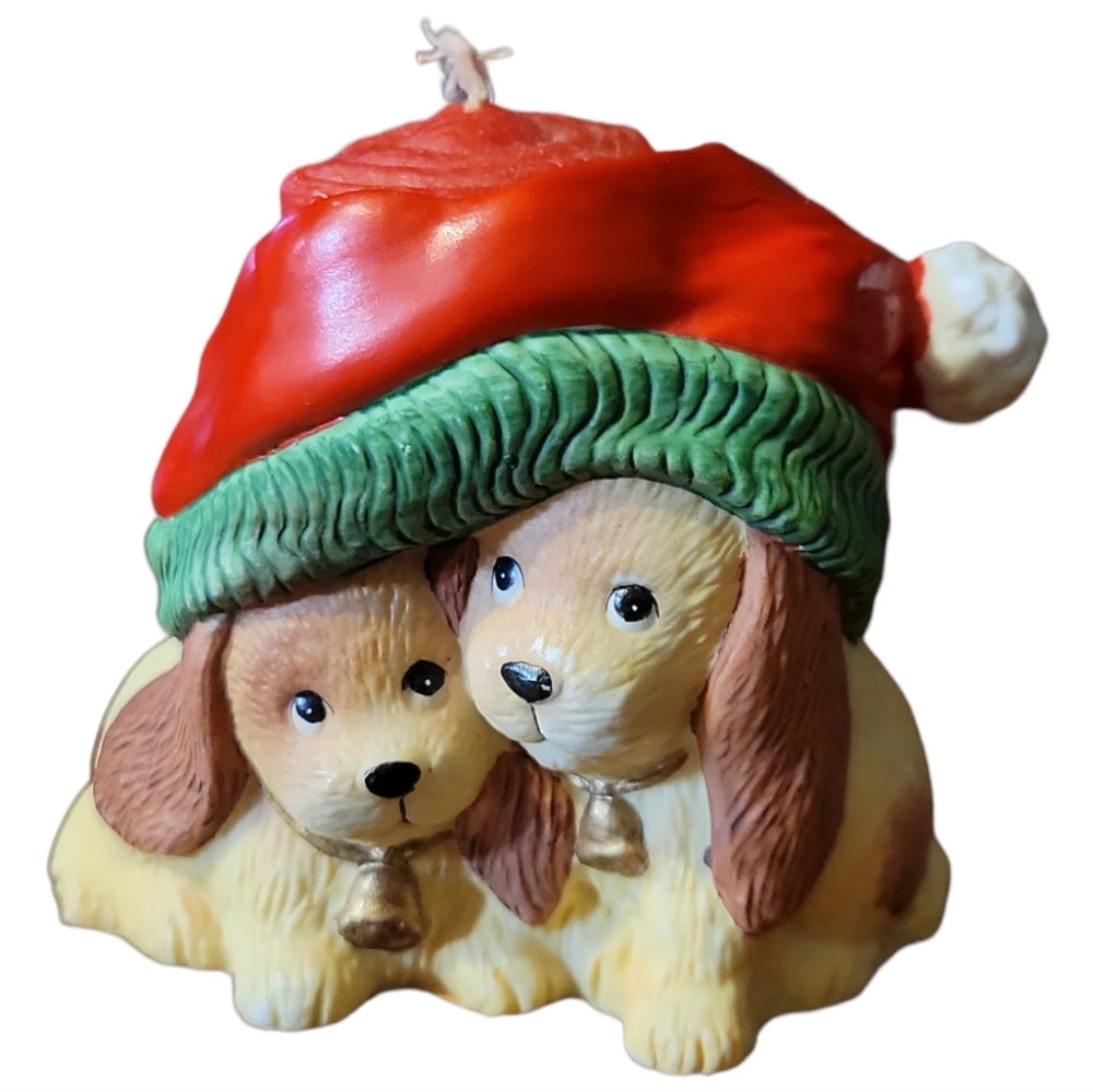 Vtg 50's Porcelain 2 Puppy Dogs Santa Hat Votive Tea Light Candle Holder JSNY